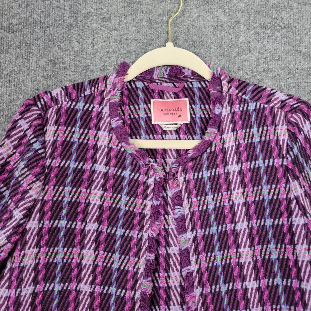 KATE SPADE Purple Plaid Tweed Jacket Office Preppy Clueless Academia SIZE 6